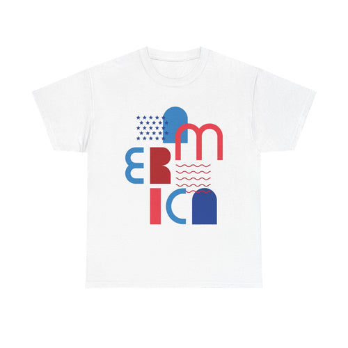 Abstract America graphic Tee | patriotic typographic design, red blue shapes